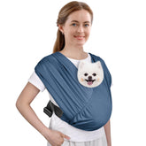 Cuby Swaddle Dog Sling Blue front view shows lightweight comfort for small dogs on walks.