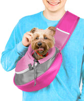 Cuddlissimo! pet sling strap detail enables secure hands-free travel for small pets.