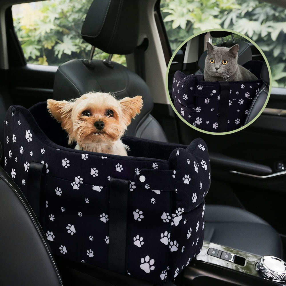 Cullaby center console dog car seat in black provides secure travel for small dogs.