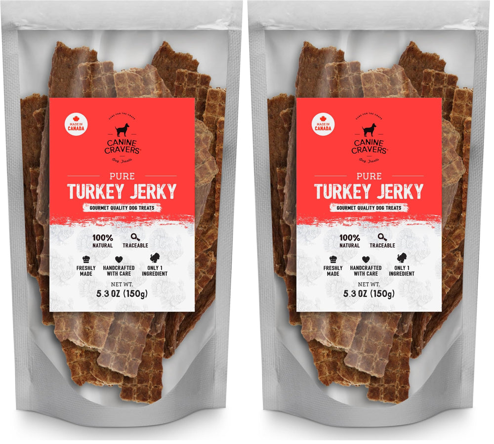 Cure for the Crave Canine Cravers turkey jerky pack two bags front view for convenient rewards