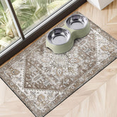 Cuslnox dog mat under water bowl with absorbent surface for quick spill drying.