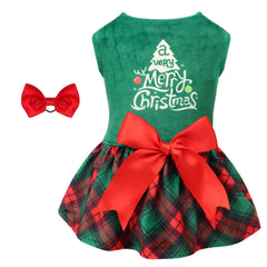CuteBone Christmas Tree Dress for small dogs in green plaid with a convenient pullover fit for photos.