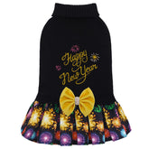 CuteBone Core Spun Happy New Year dog sweater dress front view shows festive bowtie and cozy warmth.