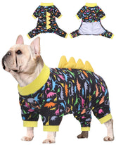 CuteBone dinosaur costume dog pajamas front view highlighting soft stretch fabric for comfy movement.
