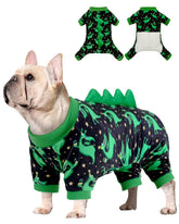 CuteBone dinosaur pajamas for small dogs, back view with dinosaur print, keeps pets warm and stylish