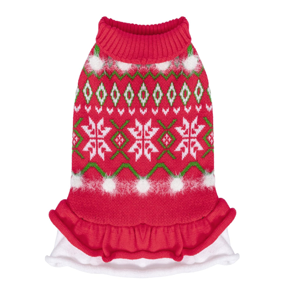 CuteBone fancy-christmas-dog-sweater-dress keeps small dogs warm for holiday photos.