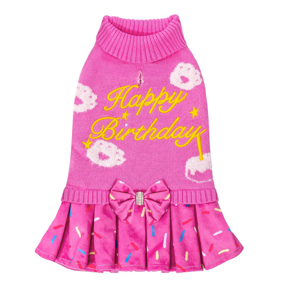CuteBone pink dog sweater dress front view shows cozy acrylic fabric for warmth.