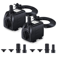 CWKJ fountain pump 2-pack shown in a compact setup for patios and ponds, easy to install.