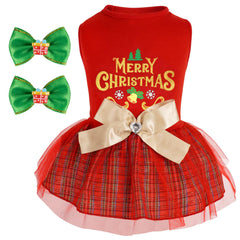 Cyeollo dog dress plaid Christmas with bowtie, ideal for festive photos.