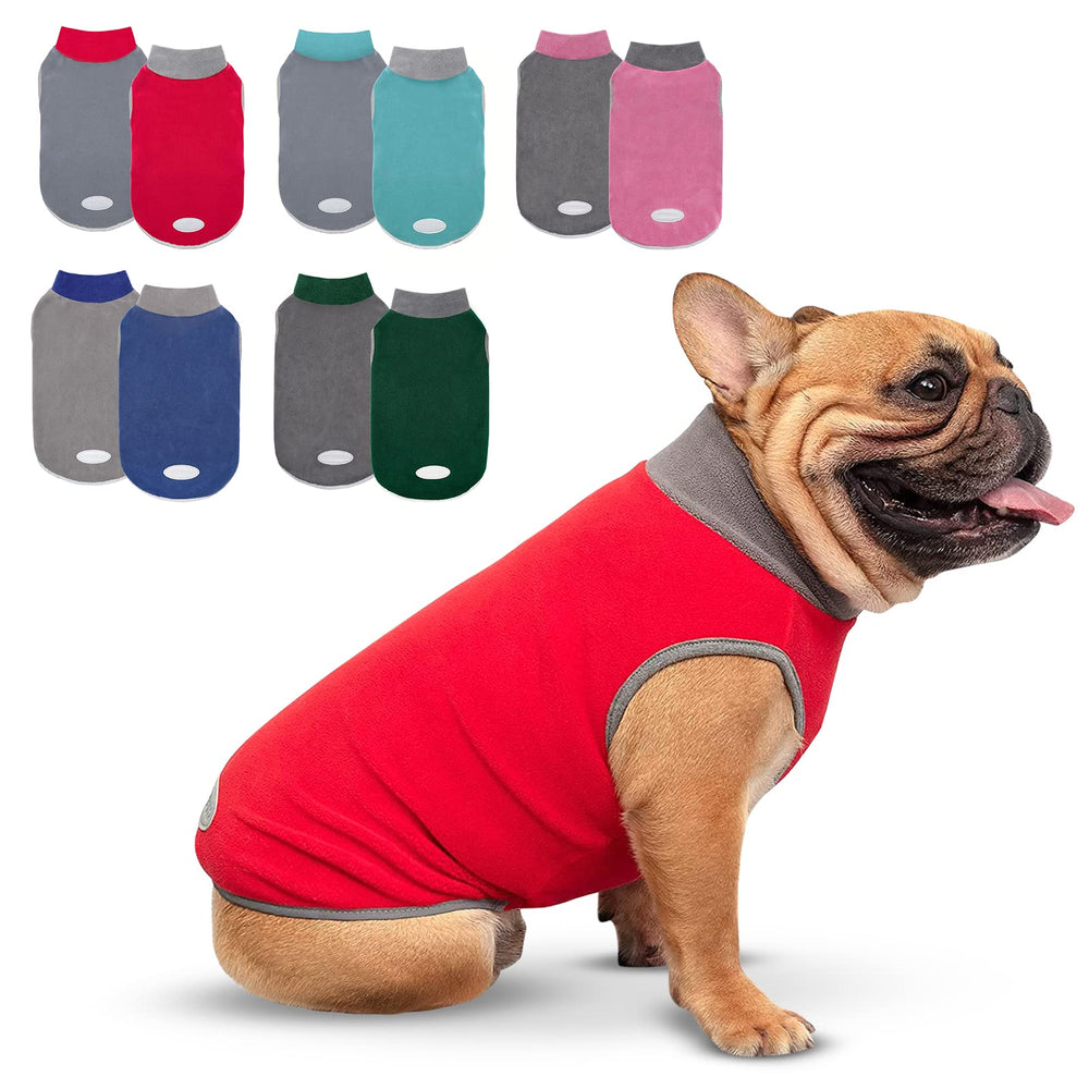 Cyeollo dog fleece sweater front view with grey-red pack and stretchy fit for mobility.