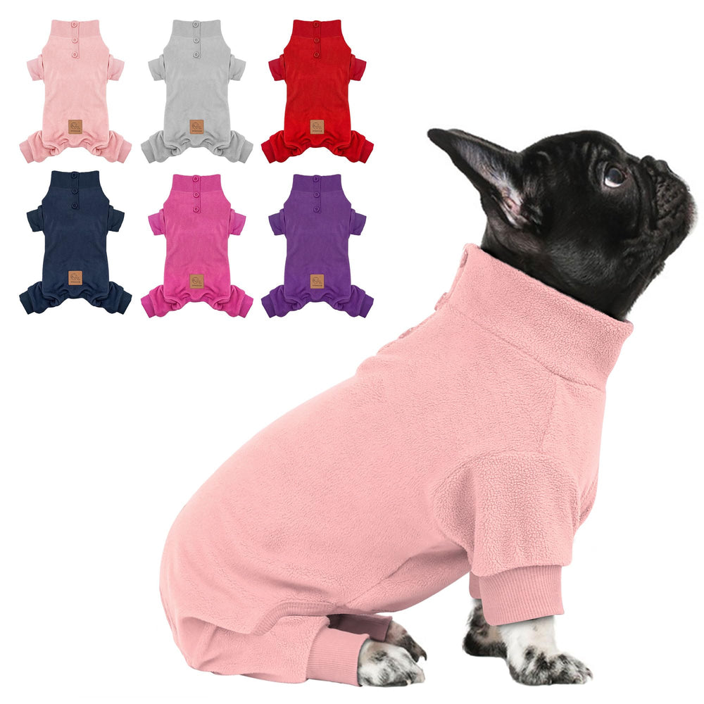 cyeollo dog pajamas pink front view showing warm fleece and cozy fit for walks
