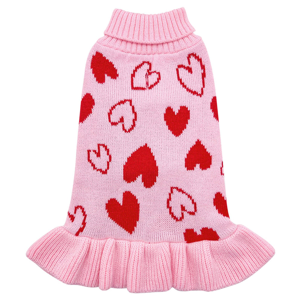 cyeollo Valentine dog sweater dress front view shows a heart pattern for festive walks