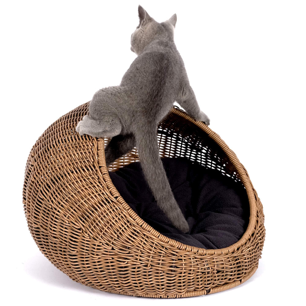 D+GARDEN wicker cat bed dome front view shows cozy indoor shelter.