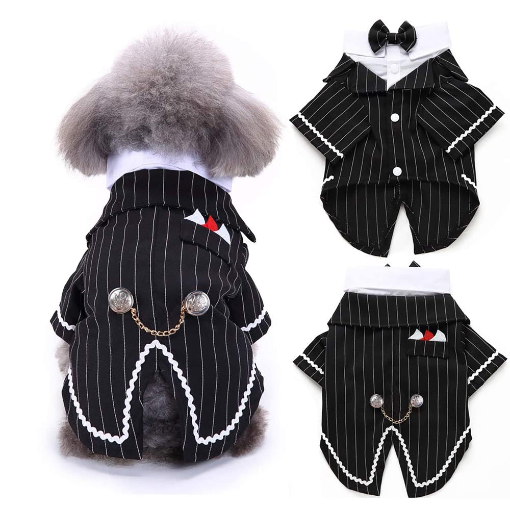 DENTRUN dog tuxedo front view with bow tie showcases wedding-ready formal style.