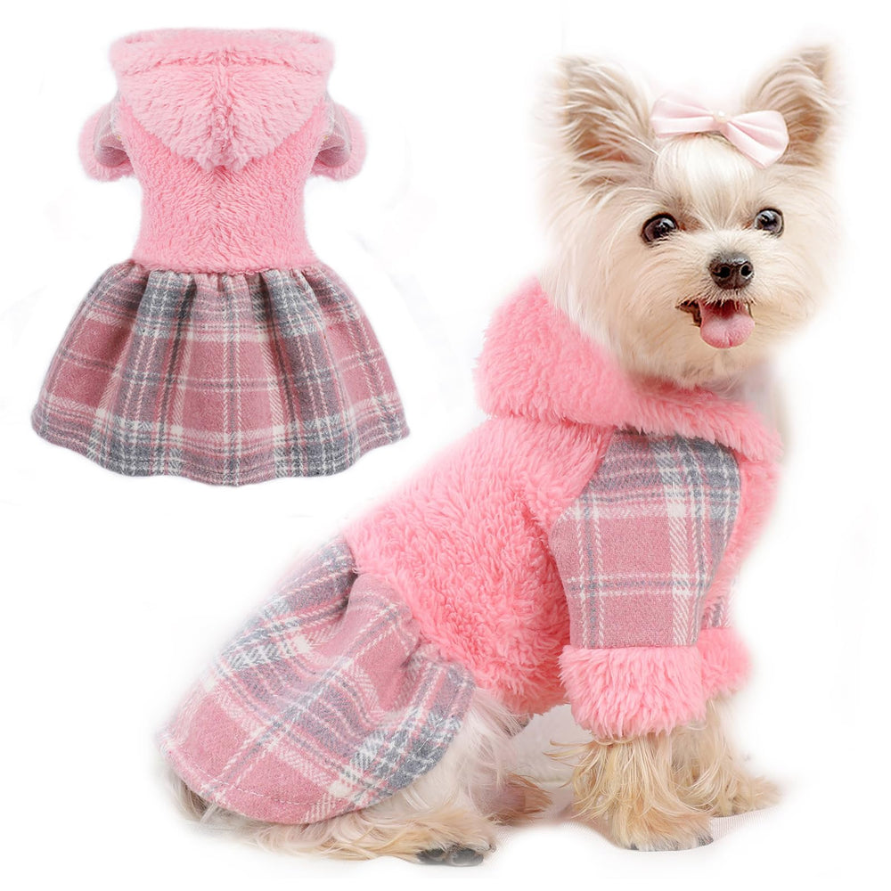 DaFuEn dog hoodie dress pink plaid front view for cute winter warmth during walks