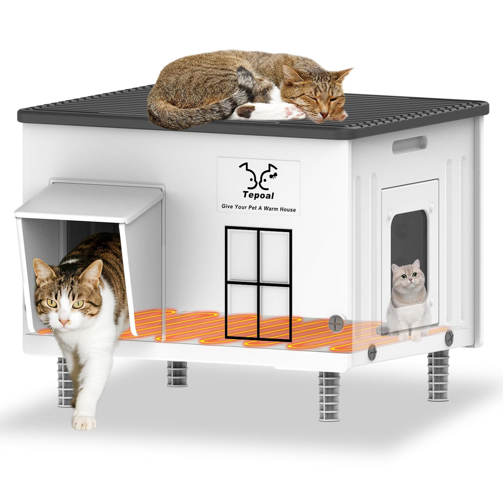 Dahivs Indestructible Heated Cat House front view demonstrates rugged exterior for outdoor warmth.