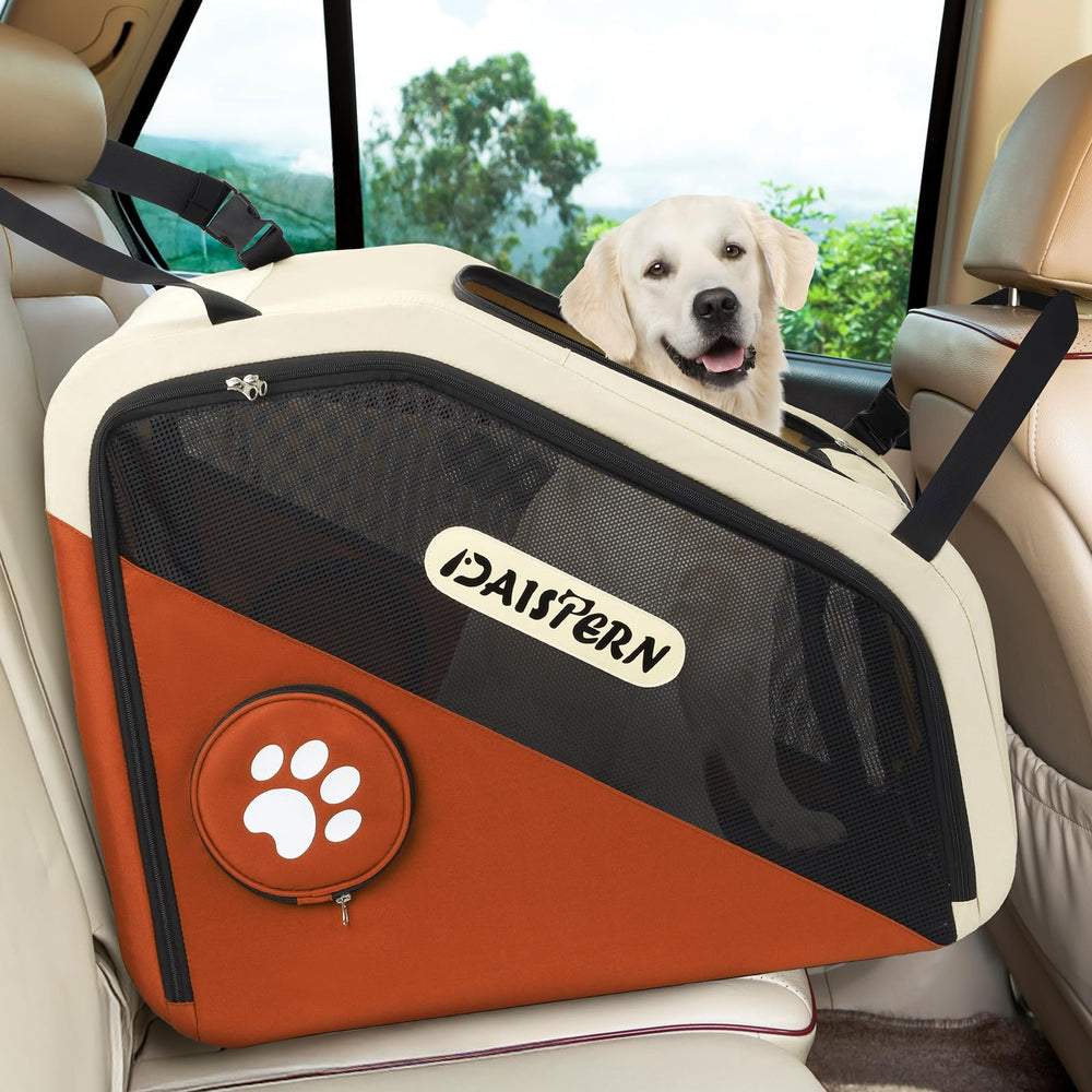 DAISTERN collapsible dog crate front view in car provides secure travel.