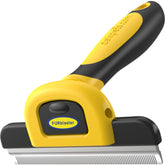 DakPets deshedding brush handle demonstrates ergonomic grip for comfortable grooming sessions.