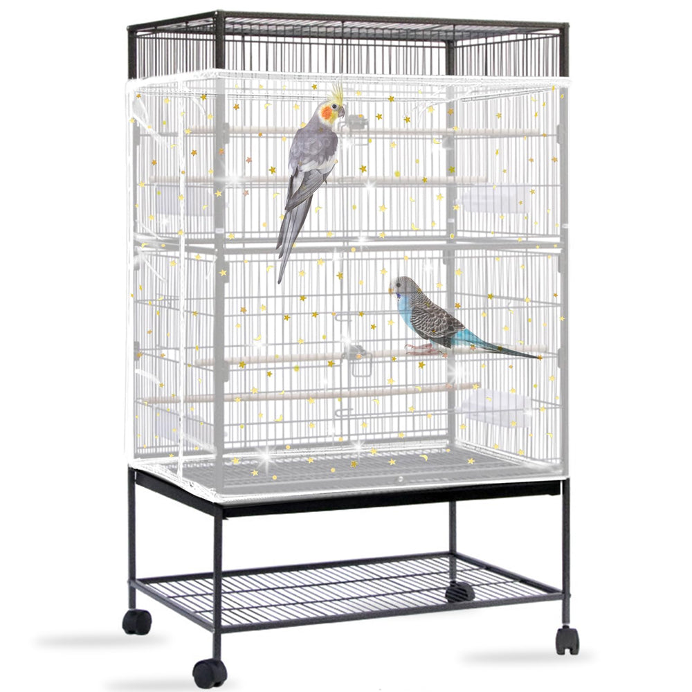 Daoeny bird cage seed catcher with white sequins star, front view, mess reduction.