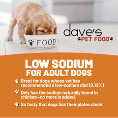 Dave's Pet Food case-of-12 chicken pate demonstrates convenient bulk nourishment with a low-sodium profile.