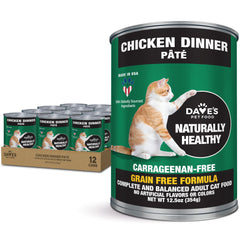 Dave's Pet Food chicken pate cans 12-pack on shelf highlighting grain-free nutrition