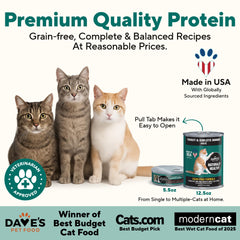 Dave's Pet Food label close-up shows USA-made promise and clean ingredients