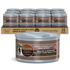 Dave's Pet Food shredded-chicken-duck-in-gravy can emphasizes a protein-forward cat meal with gravy.