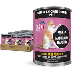 Dave's Pet Food pate-beef-chicken can front, highlighting grain-free protein for cats.