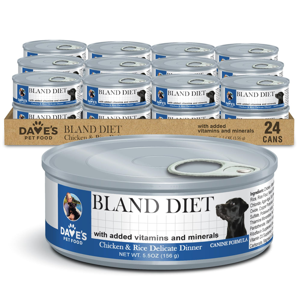 Dave's Pet Food Sensitive Stomach wet dog food can closeup with easy-to-serve texture for delicate stomachs