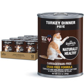 Dave's Pet Food turkey wet cat food can close-up shows grain-free nutrition for sensitive stomachs.