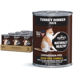 Dave's Pet Food turkey wet cat food can close-up shows grain-free nutrition for sensitive stomachs.