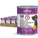 Dave's Pet Food Weight Management can closeup showing turkey and vegetables for balanced meals.