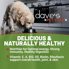 Dave's Pet Food beef and rice can closeup highlights gluten-free formula for wholesome meals