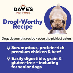 Dave's Pet Food wet dog food chicken beef closeup highlights natural ingredients