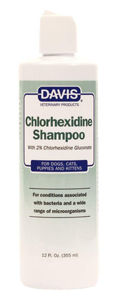 Davis Chlorhexidine Pet Shampoo bottle label highlights 2% chlorhexidine for skin care