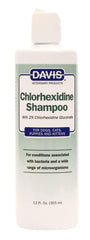 Davis Chlorhexidine Pet Shampoo bottle label highlights 2% chlorhexidine for skin care