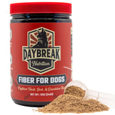 Daybreak Nutrition Fiber for Dogs bottle shows psyllium husk for digestive support.