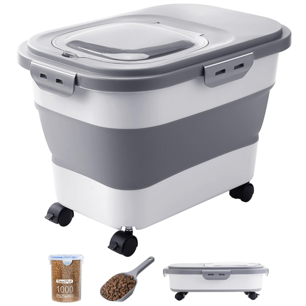 DDMOMMY collapsible dog food container saves space while holding 23 pounds of dry food
