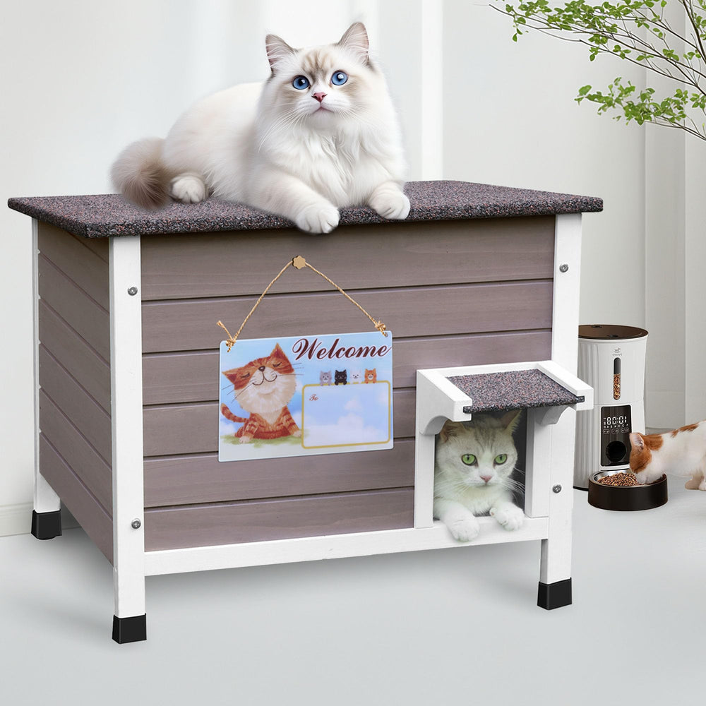 Deblue insulated cat house outdoor front view showing weatherproof shelter for outdoor cats