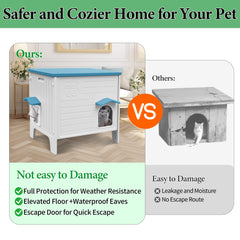 Deblue outdoor cat house escape door closeup demonstrates quick emergency exit option.