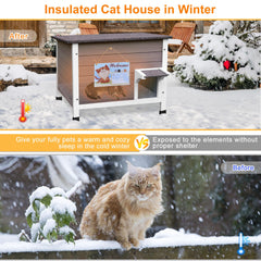 Deblue outdoor cat house side view highlights compact footprint and room for 1–2 cats.