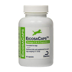 Dechra EicosaCaps omega-3-6 capsule close-up for dogs showing balanced fatty acids