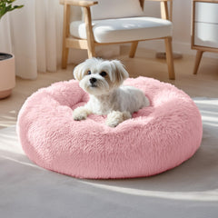 Deconovo calming donut dog bed pink top view highlights cozy plush comfort for small dogs and cats