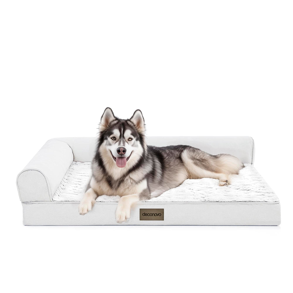 Deconovo sofa dog bed with L-shape bolster for ergonomic lounging.