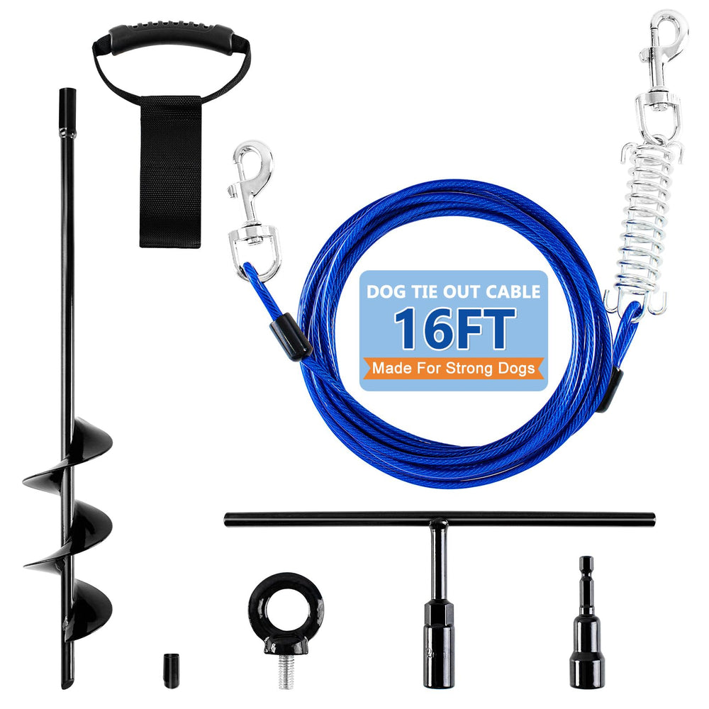 Deisunpet heavy-duty dog tie-out cable with anchor stake showing secure yard containment for active dogs