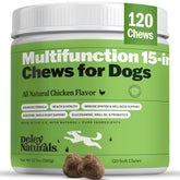 Deley Naturals 15-in-1 dog multivitamin bottle promotes daily wellness for all breeds.