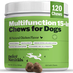 Deley Naturals 15-in-1 dog multivitamin bottle promotes daily wellness for all breeds.