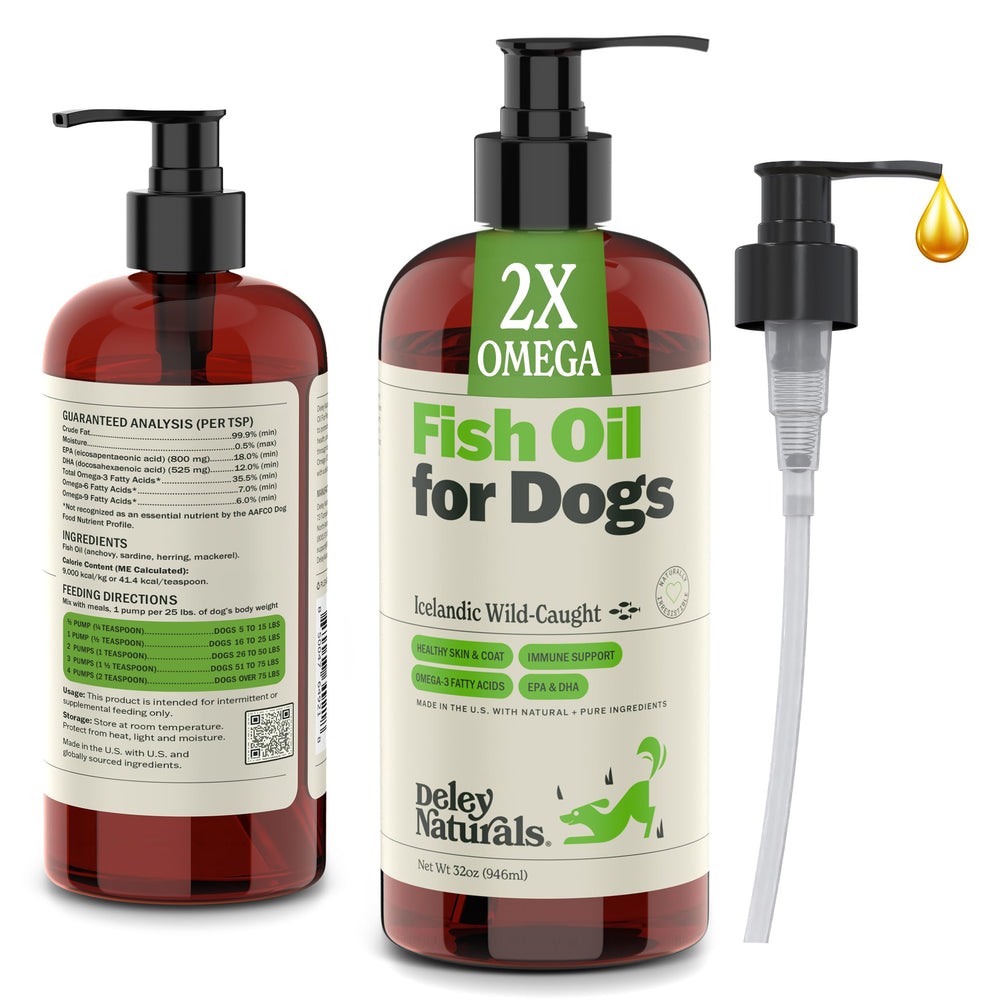 Deley Naturals Dog Fish Oil Icelandic bottle on wood promotes overall canine health