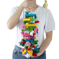 Deloky bird block knots toy, multicolored wooden parrot chew for enrichment.