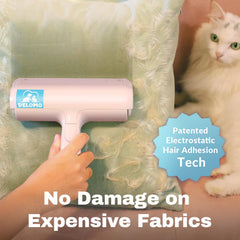 DELOMO Pet Hair Roller with fur bin empties quickly for easy reuse.